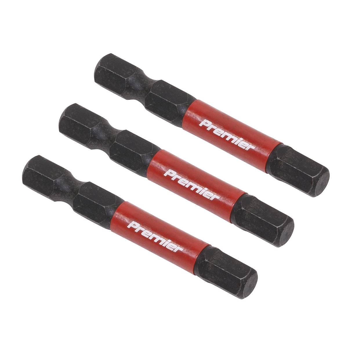 Three Hex 6mm Impact Power Tool Bits, each 50mm in length from the Sealey brand and made from high-quality S2 steel, arranged in parallel on a white background.