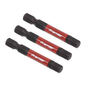 Three Hex 6mm Impact Power Tool Bits, each 50mm in length from the Sealey brand and made from high-quality S2 steel, arranged in parallel on a white background.