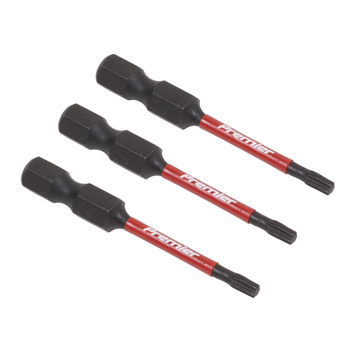 Three TRX-Star* T10 Impact Power Tool Bits, each 50mm in length and branded "Sealey," are lined up horizontally against a white background.