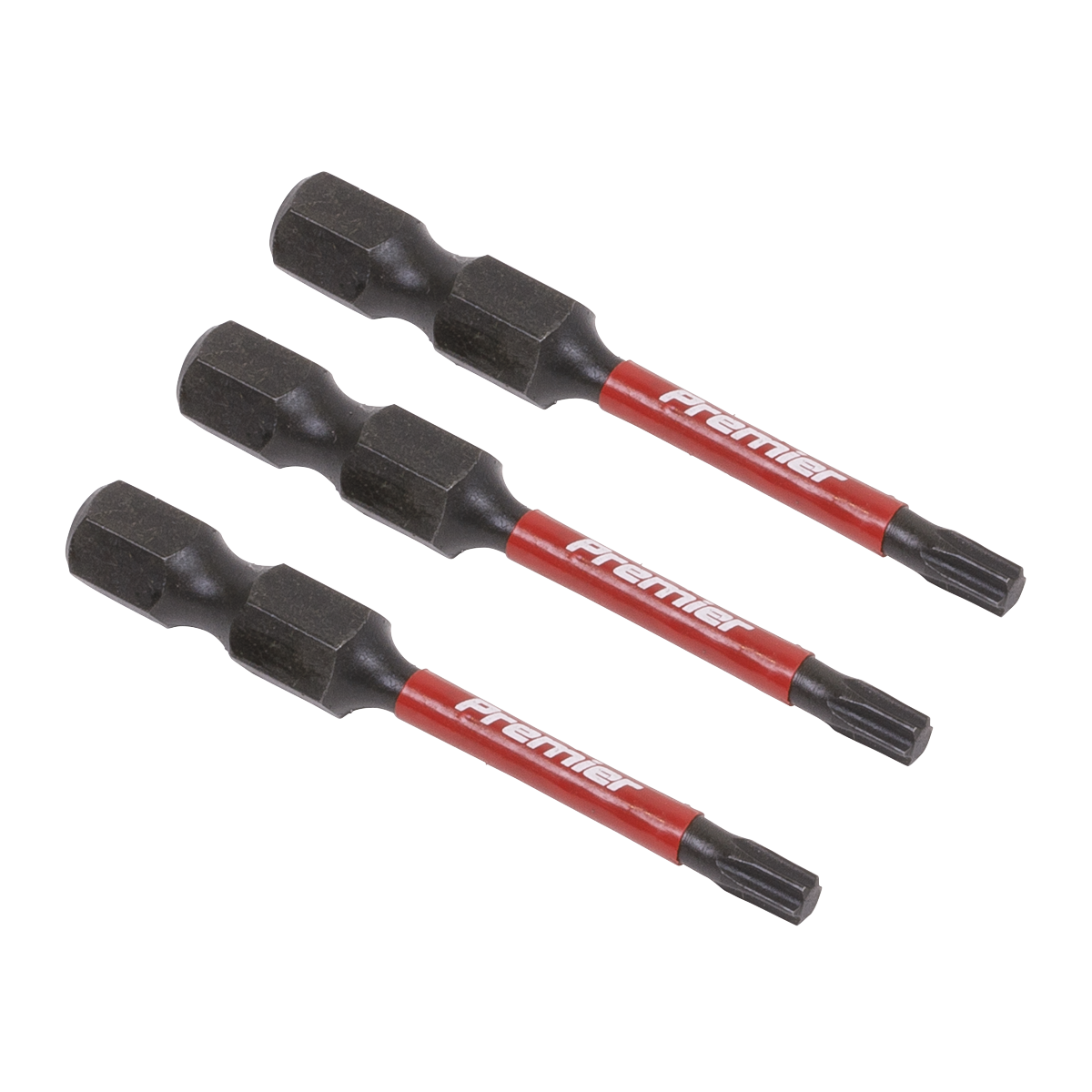 Three Sealey TRX-Star* T15 Impact Power Tool Bits, each 50mm long and made of high-quality S2 steel, are arranged parallel to each other on a white background.