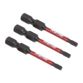 Three Sealey TRX-Star* T15 Impact Power Tool Bits, each 50mm long and made of high-quality S2 steel, are arranged parallel to each other on a white background.