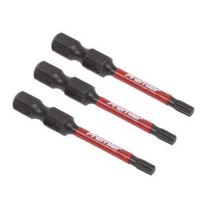 Three Sealey TRX-Star* T15 Impact Power Tool Bits, each 50mm long and made of high-quality S2 steel, are arranged parallel to each other on a white background.