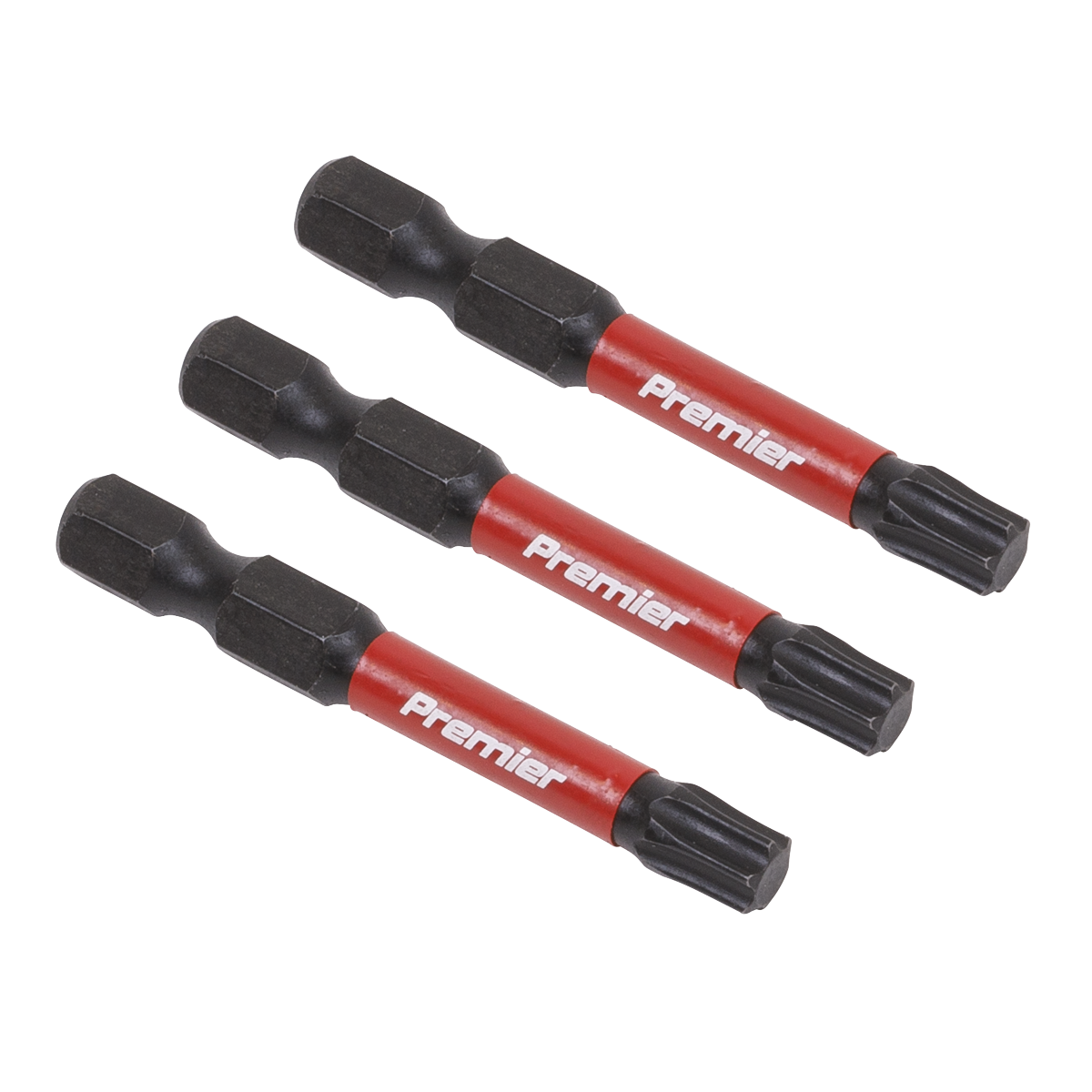 Three Sealey TRX-Star* T30 Impact Power Tool Bits, model AK8245, constructed from durable S2 steel with a red and black color scheme, each measuring 50mm and arranged horizontally.