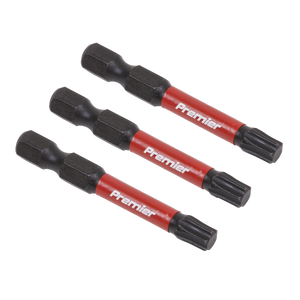 Three Sealey TRX-Star* T30 Impact Power Tool Bits, model AK8245, constructed from durable S2 steel with a red and black color scheme, each measuring 50mm and arranged horizontally.