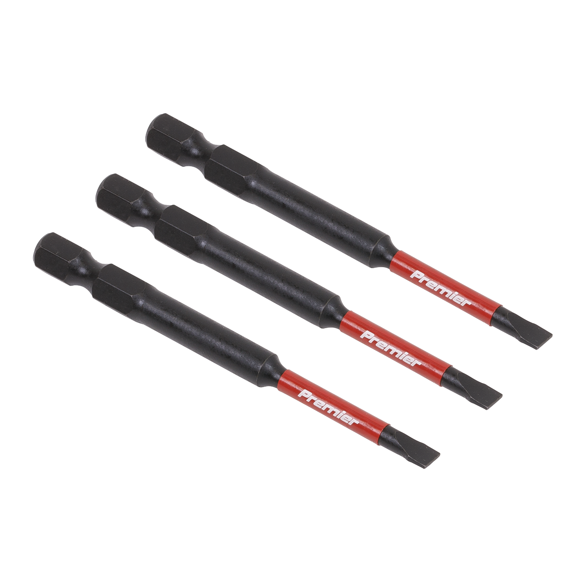 Three Sealey Slotted 4.5mm Impact Power Tool Bits, each measuring 75mm and featuring a black and red steel design with hexagonal bases, are lined up horizontally on a white background. These impact grade power tool bits from our Professional hand tools collection, part number AK8251, come with a lifetime guarantee for your peace of mind.