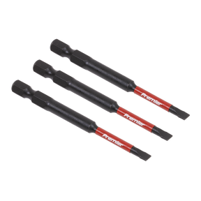 Three Sealey Slotted 4.5mm Impact Power Tool Bits, each measuring 75mm and featuring a black and red steel design with hexagonal bases, are lined up horizontally on a white background. These impact grade power tool bits from our Professional hand tools collection, part number AK8251, come with a lifetime guarantee for your peace of mind.