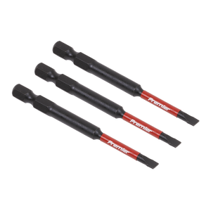 Three Sealey Slotted 4.5mm Impact Power Tool Bits, each measuring 75mm and featuring a black and red steel design with hexagonal bases, are lined up horizontally on a white background. These impact grade power tool bits from our Professional hand tools collection, part number AK8251, come with a lifetime guarantee for your peace of mind.