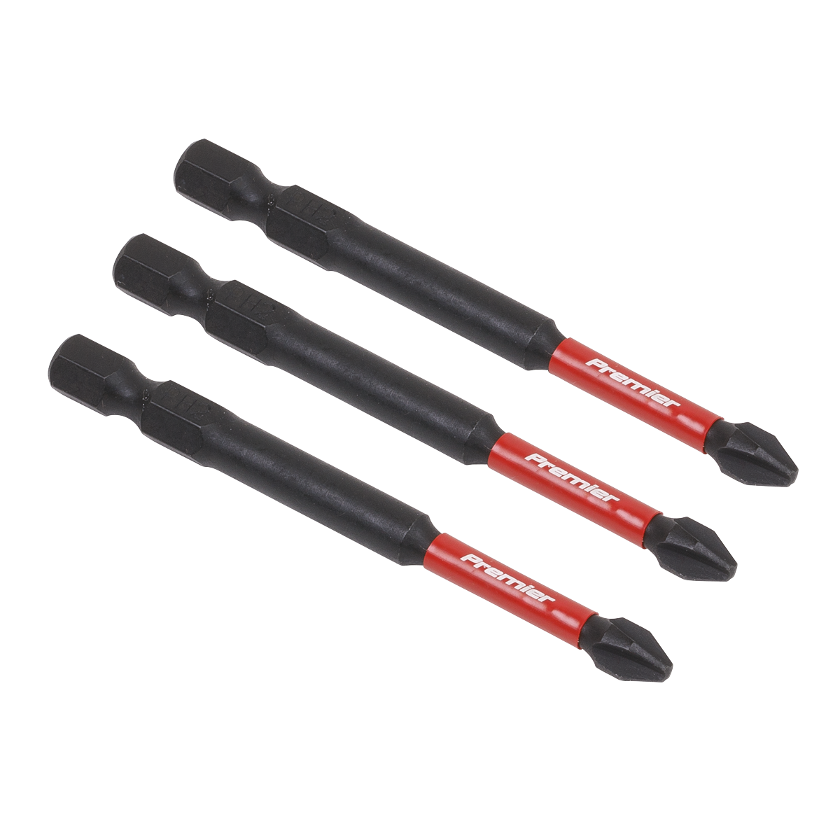 Three Sealey Phillips #2 Impact Power Tool Bits, featuring black and red designs with hexagonal shanks and crafted from high-quality S2 steel, are arranged in a parallel line on a white background. These Premier Hand Tools impact grade power tool bits (model AK8255) guarantee superior performance and durability.