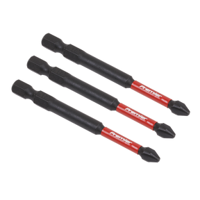 Three Sealey Phillips #2 Impact Power Tool Bits, featuring black and red designs with hexagonal shanks and crafted from high-quality S2 steel, are arranged in a parallel line on a white background. These Premier Hand Tools impact grade power tool bits (model AK8255) guarantee superior performance and durability.