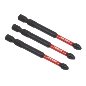 Three Sealey Phillips #2 Impact Power Tool Bits, featuring black and red designs with hexagonal shanks and crafted from high-quality S2 steel, are arranged in a parallel line on a white background. These Premier Hand Tools impact grade power tool bits (model AK8255) guarantee superior performance and durability.