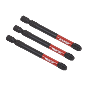 Three Phillips #3 impact power tool bits, each 75mm long and labeled "Sealey," are made from high-quality S2 steel and arranged parallel to each other on a white background.