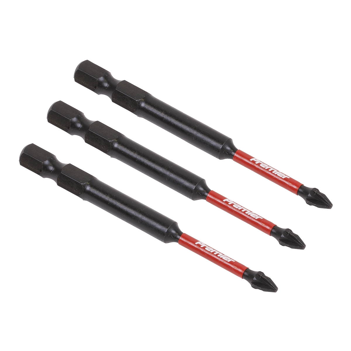 Three Pozi #1 Impact Power Tool Bits from Sealey, each 75mm long and featuring a red and black design, are aligned in parallel.