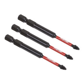 Three Pozi #1 Impact Power Tool Bits from Sealey, each 75mm long and featuring a red and black design, are aligned in parallel.