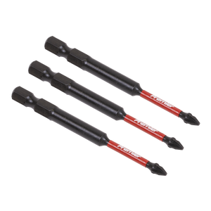 Three Pozi #1 Impact Power Tool Bits from Sealey, each 75mm long and featuring a red and black design, are aligned in parallel.