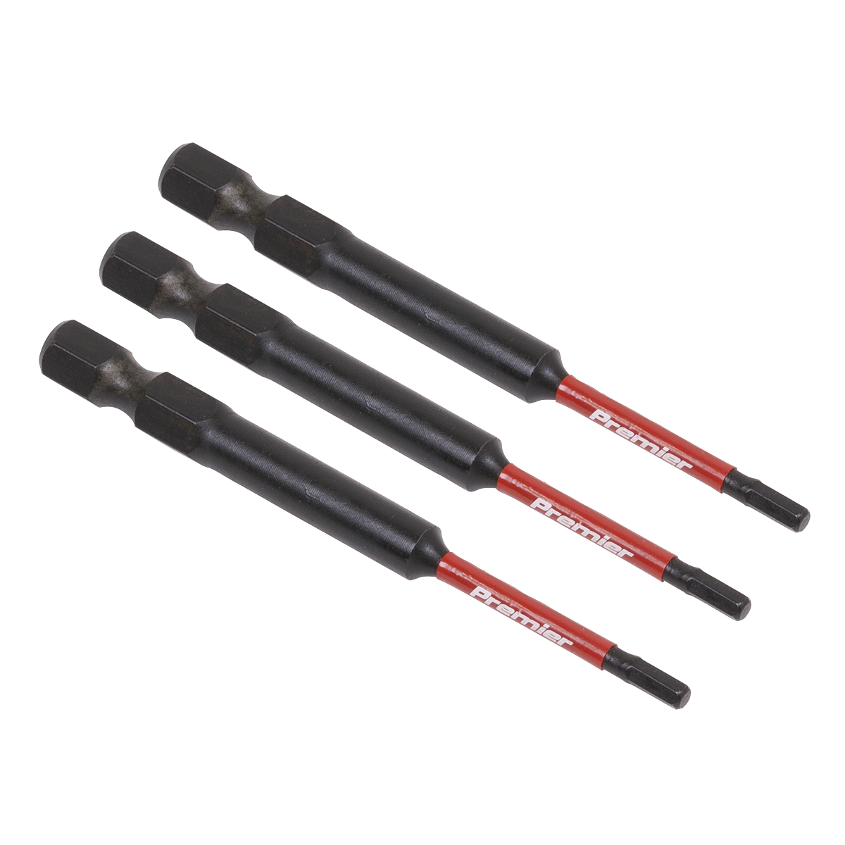 Three Sealey Hex 2.5mm Impact Power Tool Bits 75mm (model AK8260) are arranged side by side against a white background, showcasing their durable S2 steel construction and hexagonal shanks in black and red.