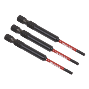 Three Sealey Hex 2.5mm Impact Power Tool Bits 75mm (model AK8260) are arranged side by side against a white background, showcasing their durable S2 steel construction and hexagonal shanks in black and red.
