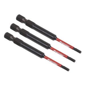 Three Sealey Hex 2.5mm Impact Power Tool Bits 75mm (model AK8260) are arranged side by side against a white background, showcasing their durable S2 steel construction and hexagonal shanks in black and red.