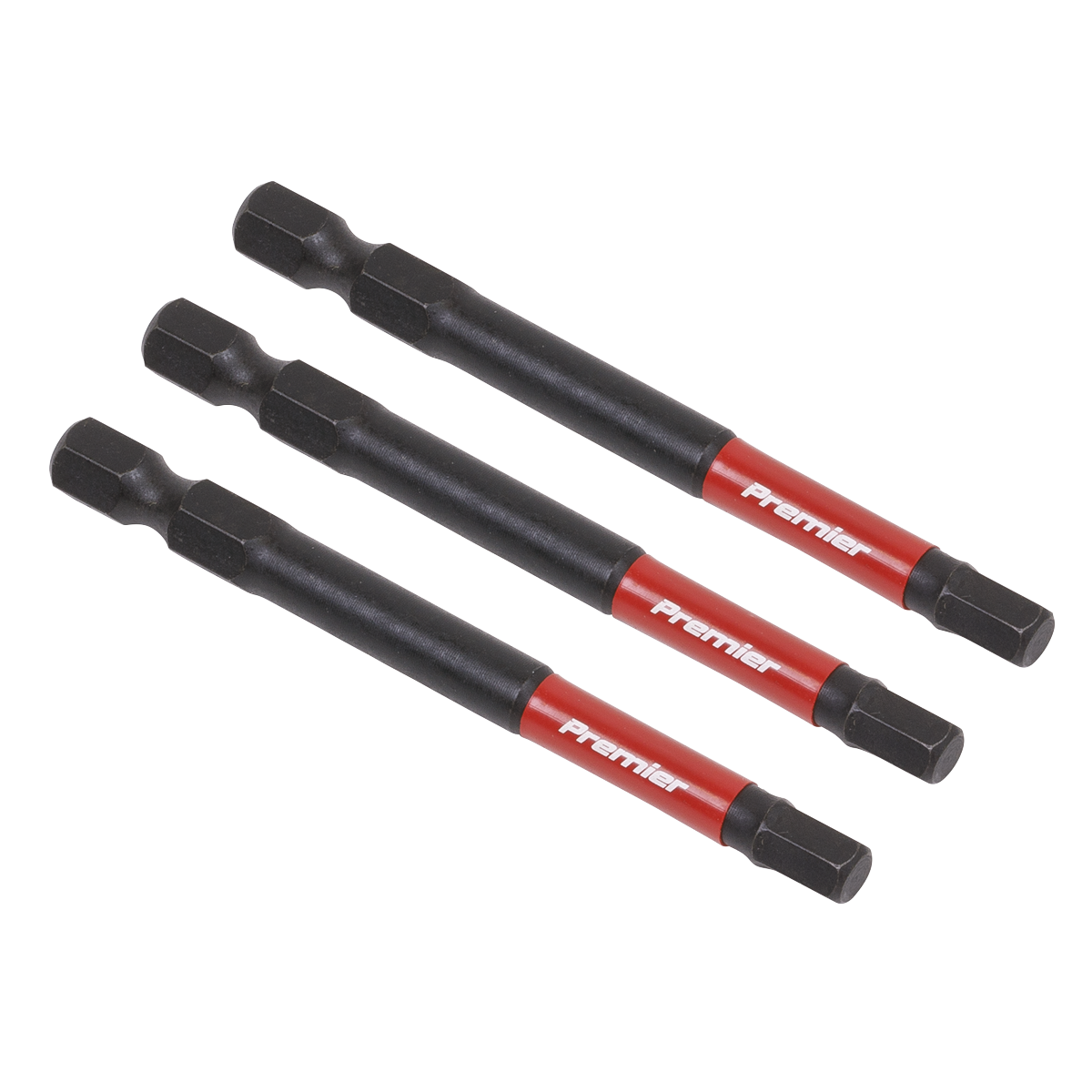 Three Hex 5mm Impact Power Tool Bits 75mm (AK8263) from Sealey, featuring a black and red hex shank design and made from high-quality S2 steel, are arranged in parallel on a white background.