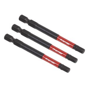 Three Hex 5mm Impact Power Tool Bits 75mm (AK8263) from Sealey, featuring a black and red hex shank design and made from high-quality S2 steel, are arranged in parallel on a white background.