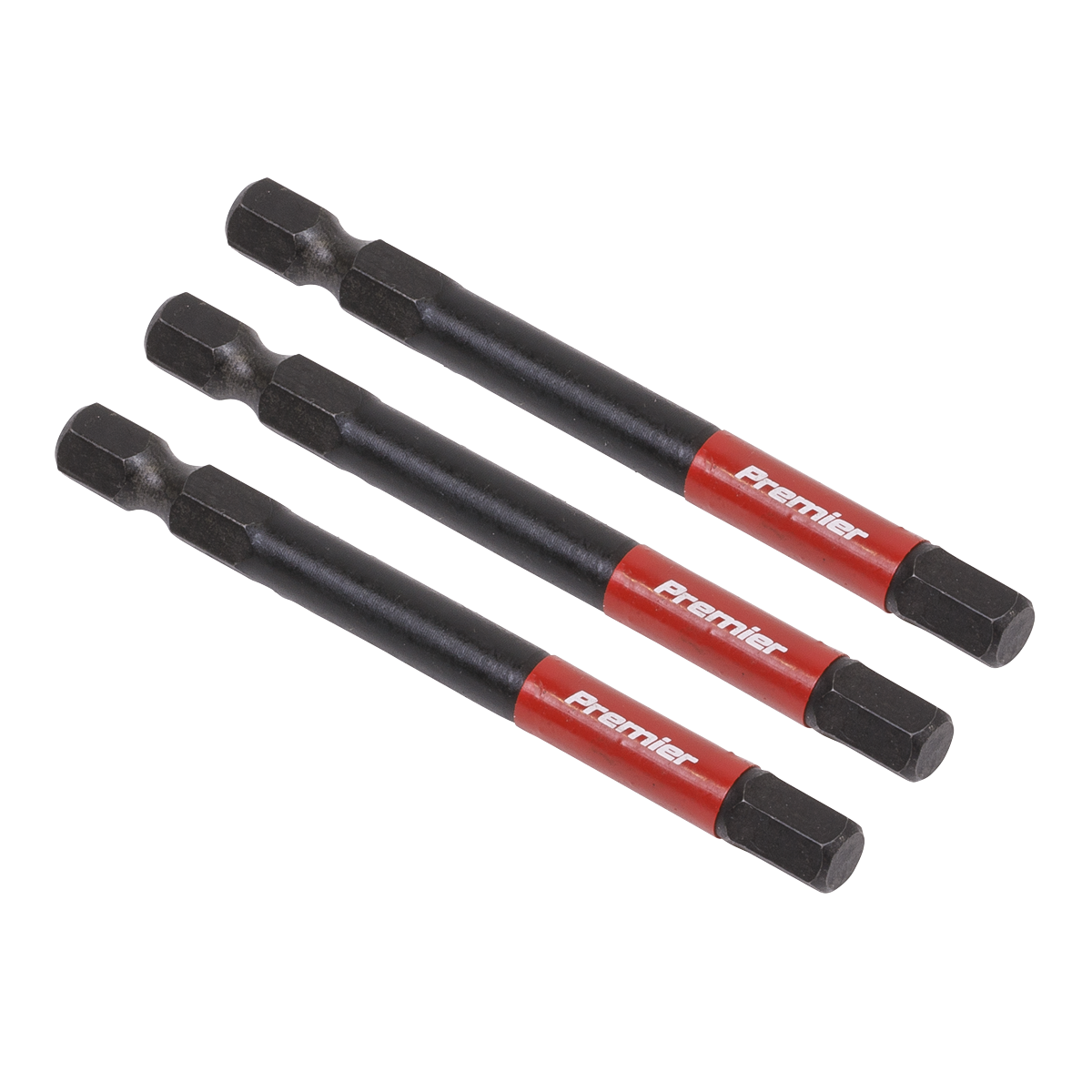 Three Sealey Hex 6mm Impact Power Tool Bits 75mm - AK8264, with black and red labels and crafted from S2 steel, are arranged in parallel on a white background.