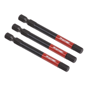 Three Sealey Hex 6mm Impact Power Tool Bits 75mm - AK8264, with black and red labels and crafted from S2 steel, are arranged in parallel on a white background.