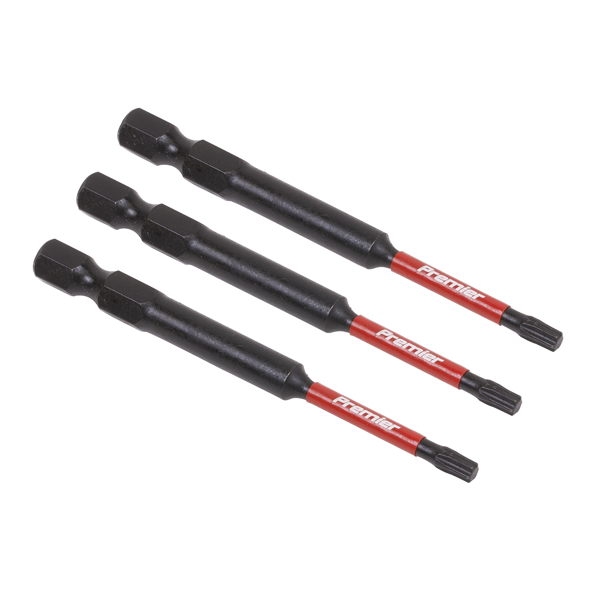 Three Sealey TRX-Star* T15 Impact Power Tool Bits, featuring hexagonal shanks and star-shaped tips, are arranged side by side on a white background.