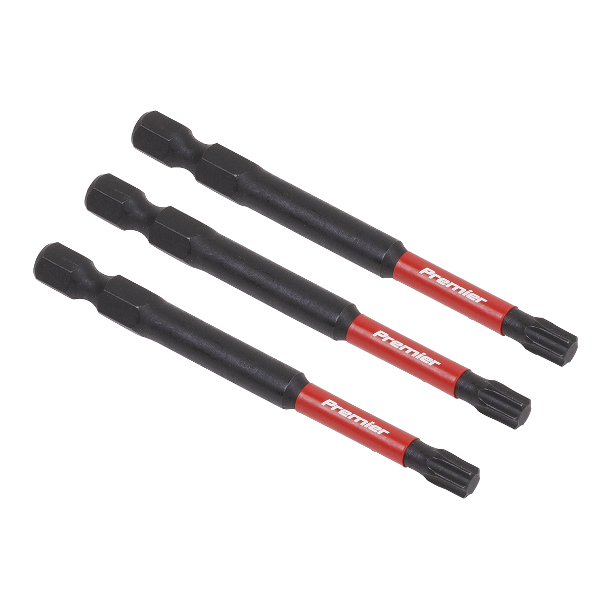 Three black and red impact-grade power tool bits labeled "AK8269" are arranged parallel to each other on a white background, showcasing the durable, high-quality S2 steel craftsmanship of Sealey's TRX Star* T27 Impact Power Tool Bits 75mm - 3pc.