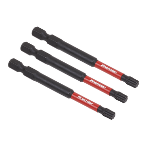 Three black and red impact-grade power tool bits labeled "AK8269" are arranged parallel to each other on a white background, showcasing the durable, high-quality S2 steel craftsmanship of Sealey's TRX Star* T27 Impact Power Tool Bits 75mm - 3pc.