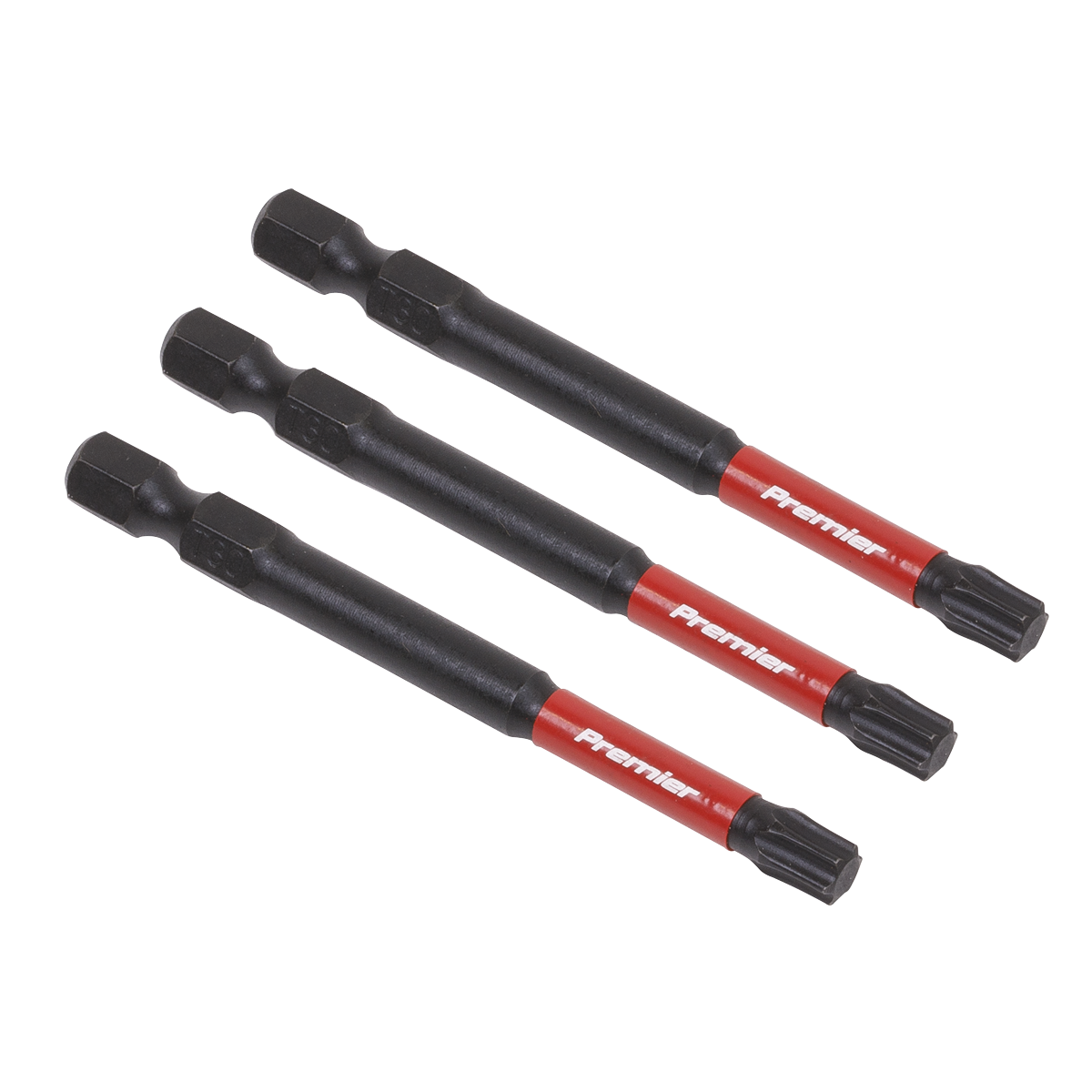 Three TRX Star* T30 Impact Power Tool Bits by Sealey, each measuring 75mm, showcase their hexagonal bases and meticulously detailed tips. These high quality S2 steel bits are arranged parallel to each other against a white background.