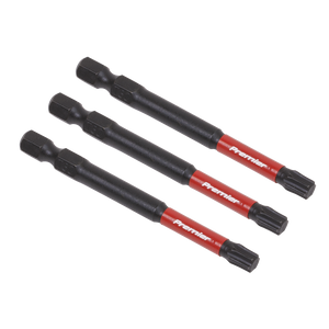 Three TRX Star* T30 Impact Power Tool Bits by Sealey, each measuring 75mm, showcase their hexagonal bases and meticulously detailed tips. These high quality S2 steel bits are arranged parallel to each other against a white background.