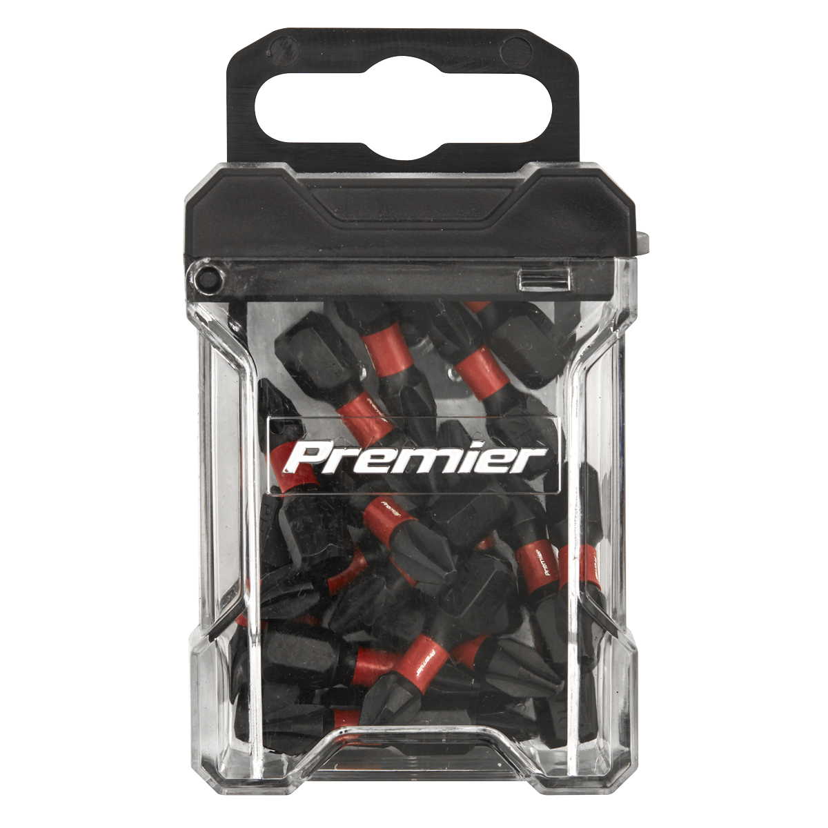 Plastic container of Premier earplugs, featuring a black lid and transparent body, displaying black and red earplugs inside. These earplugs are crafted with precision similar to Sealey’s high-quality #2 Impact Phillips Power Tool Bits 25mm 20pc - AK8272, ensuring optimal performance.