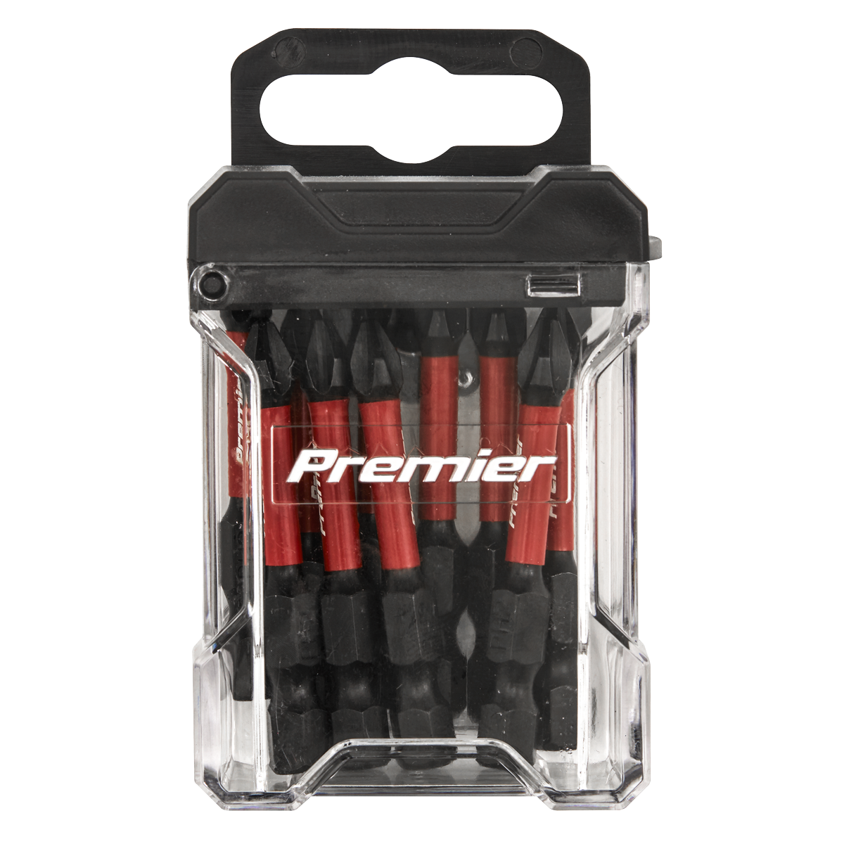 A box of Sealey Phillips #2 Impact Power Tool Bits 50mm - 10pc (Model AK8274), expertly crafted from durable S2 steel and featuring a convenient black handle for easy carrying.