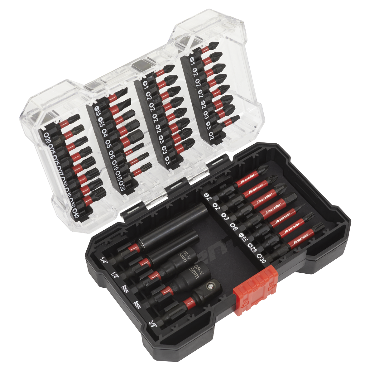 A Sealey Power Tool Bit Set 44pc Impact Grade (model AK8280) featuring premier hand tools with various sizes of S2 steel tips and screwdriver bits, all neatly arranged in two rows inside the plastic case.