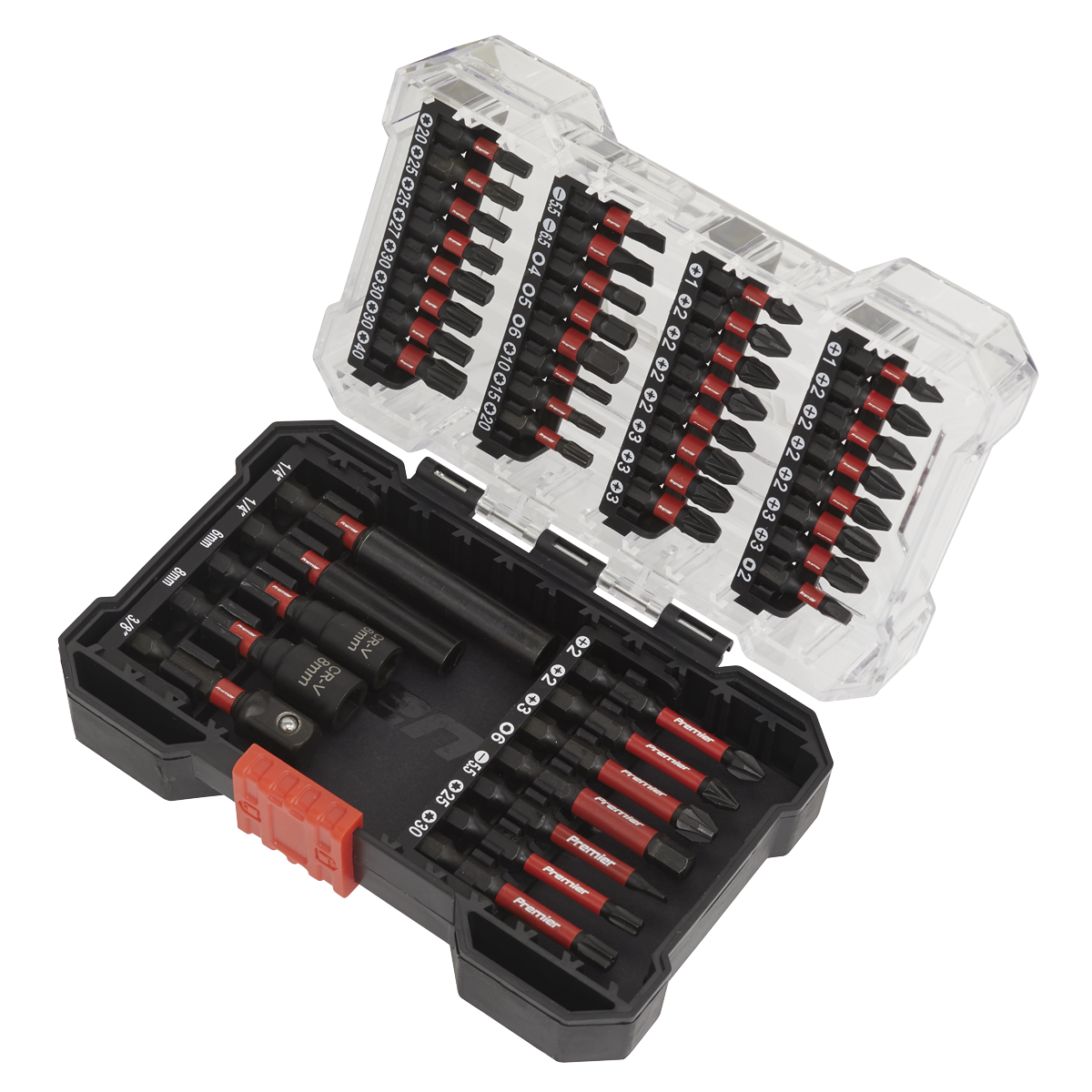 The Sealey Power Tool Bit Set 44pc Impact Grade - AK8280 comes in a plastic case that includes an assortment of S2 steel tips, drill bits, and screwdriver bits neatly organized in dedicated slots. The case is equipped with a transparent lid and a red locking mechanism for convenient access and secure storage.