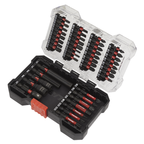 The Sealey Power Tool Bit Set 44pc Impact Grade - AK8280 comes in a plastic case that includes an assortment of S2 steel tips, drill bits, and screwdriver bits neatly organized in dedicated slots. The case is equipped with a transparent lid and a red locking mechanism for convenient access and secure storage.