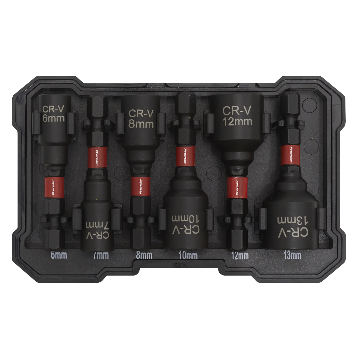 Introducing Sealey's Nut Driver Set 6pc Impact Grade - AK8287. This set of six socket adapters comes in a sleek black plastic case and features striking red bands for easy identification. Each adapter is crafted from impact-grade Chrome Vanadium steel, with sizes ranging from 6 mm to 13 mm, clearly labeled on both the pieces and their respective case slots.