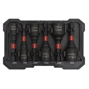 Introducing Sealey's Nut Driver Set 6pc Impact Grade - AK8287. This set of six socket adapters comes in a sleek black plastic case and features striking red bands for easy identification. Each adapter is crafted from impact-grade Chrome Vanadium steel, with sizes ranging from 6 mm to 13 mm, clearly labeled on both the pieces and their respective case slots.