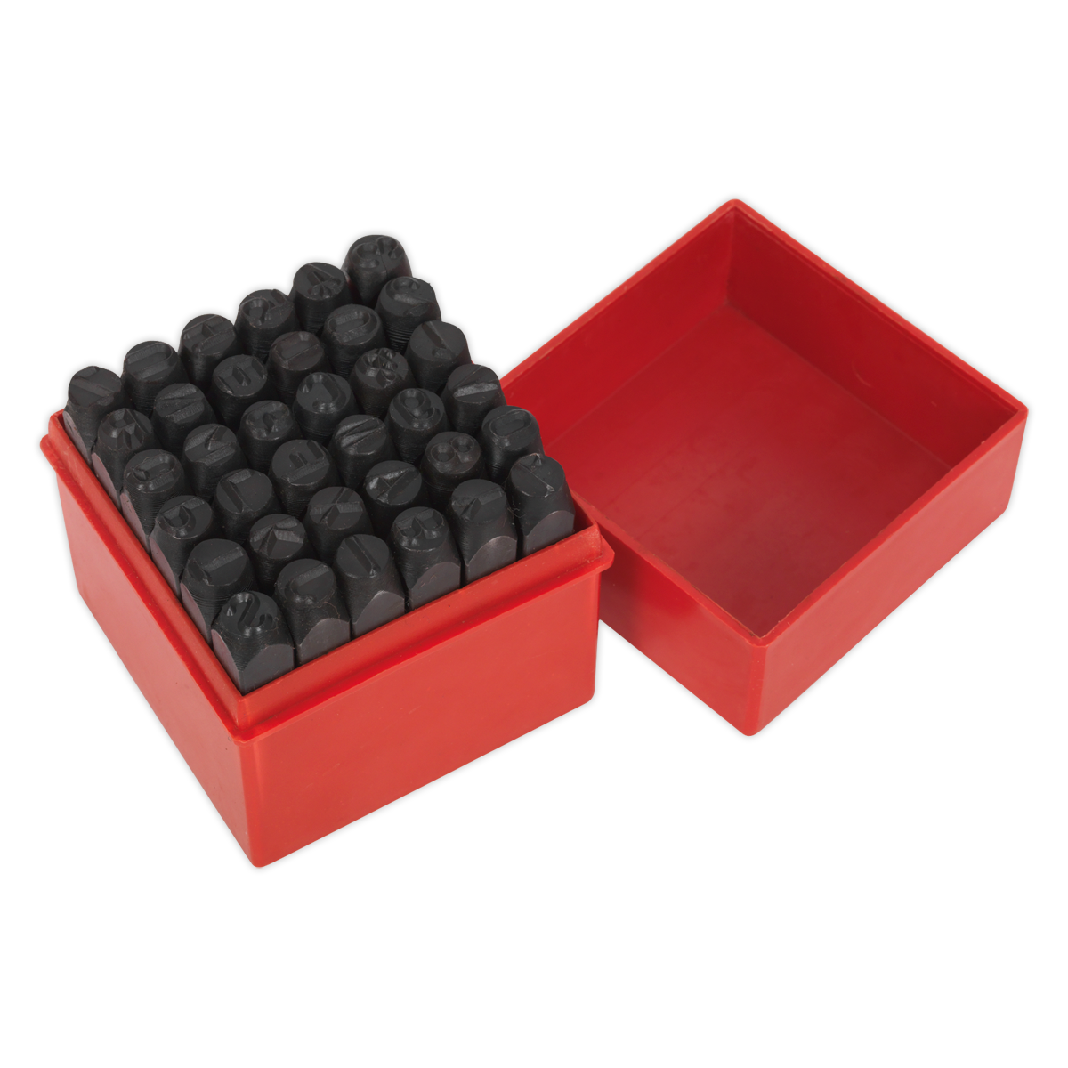 A Sealey Letter & Number Punch Set 36pc 8mm - AK8297, featuring a red plastic box with the lid partially off, containing black cylindrical stamps with various symbols and 8mm alphanumeric characters.