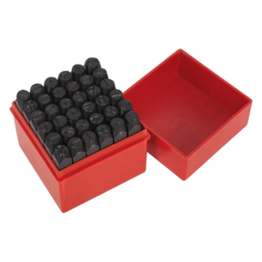 A Sealey Letter & Number Punch Set 36pc 8mm - AK8297, featuring a red plastic box with the lid partially off, containing black cylindrical stamps with various symbols and 8mm alphanumeric characters.