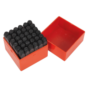 An open orange box with a lid, containing the Sealey Letter & Number Punch Set 36pc 10mm (model AK8298), includes multiple high carbon steel punches designed with a character height of 10mm.