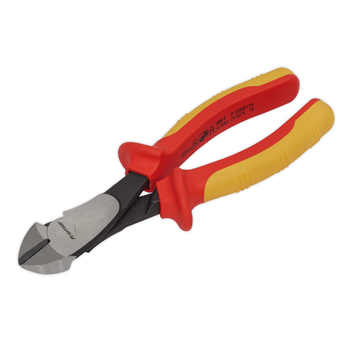 Sealey presents Side Cutters Heavy-Duty 180mm VDE Approved (AK83459) with red and yellow insulated handles.