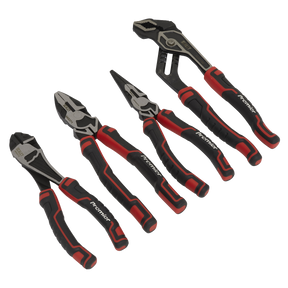 The Sealey Pliers Set High Leverage 4pc - AK8378 includes a set of four durable Chrome Vanadium steel hand tools with comfort grip handles, featuring pliers and a pair of wire cutters, all neatly arranged in a row.