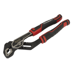 A Sealey Water Pump Pliers set (200mm - AK83791) with red and black handles, constructed from durable Chrome Vanadium steel with diamond-shaped jaws.