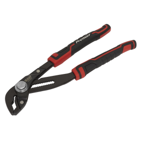 Quick release water pump pliers measuring 250mm, featuring an adjustable black and red groove joint with a rubber grip, constructed from corrosion-resistant Chrome Vanadium steel, and branded 'Sealey AK83802' on the handle.