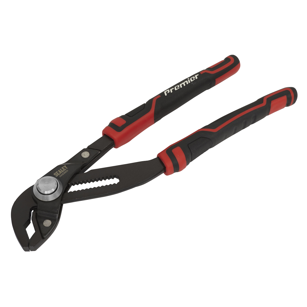 Introducing the Sealey Quick Release Water Pump Pliers 300mm - AK83803, featuring a red and black design with adjustable, curved jaws and textured handles. Made from Chrome Vanadium steel, these pliers ensure quick adjustments for versatile use.