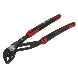 Introducing the Sealey Quick Release Water Pump Pliers 300mm - AK83803, featuring a red and black design with adjustable, curved jaws and textured handles. Made from Chrome Vanadium steel, these pliers ensure quick adjustments for versatile use.