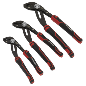 A set of three Water Pump Pliers with a quick release mechanism and black and red handles, crafted from Chrome Vanadium steel for superior corrosion resistance, arranged in descending size order. Sealey ensures quality and durability with their Premier Hand Tools line (Product Code: AK8380).