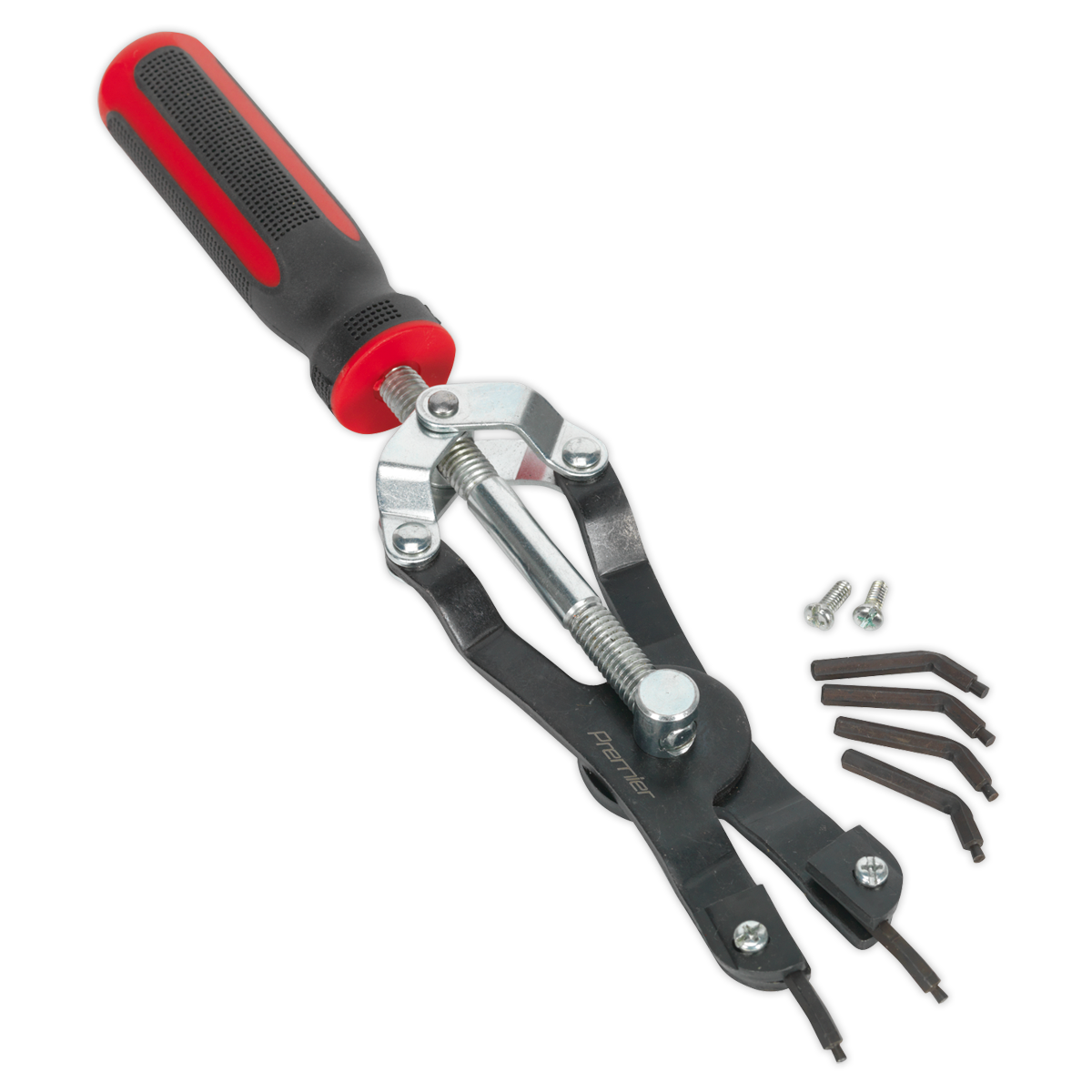 A pair of black and red Sealey Circlip Pliers Heavy-Duty Professional Internal/External (AK8450), made from durable Chrome Molybdenum steel, with interchangeable tips set alongside screws and additional tip attachments.