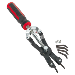 A pair of black and red Sealey Circlip Pliers Heavy-Duty Professional Internal/External (AK8450), made from durable Chrome Molybdenum steel, with interchangeable tips set alongside screws and additional tip attachments.