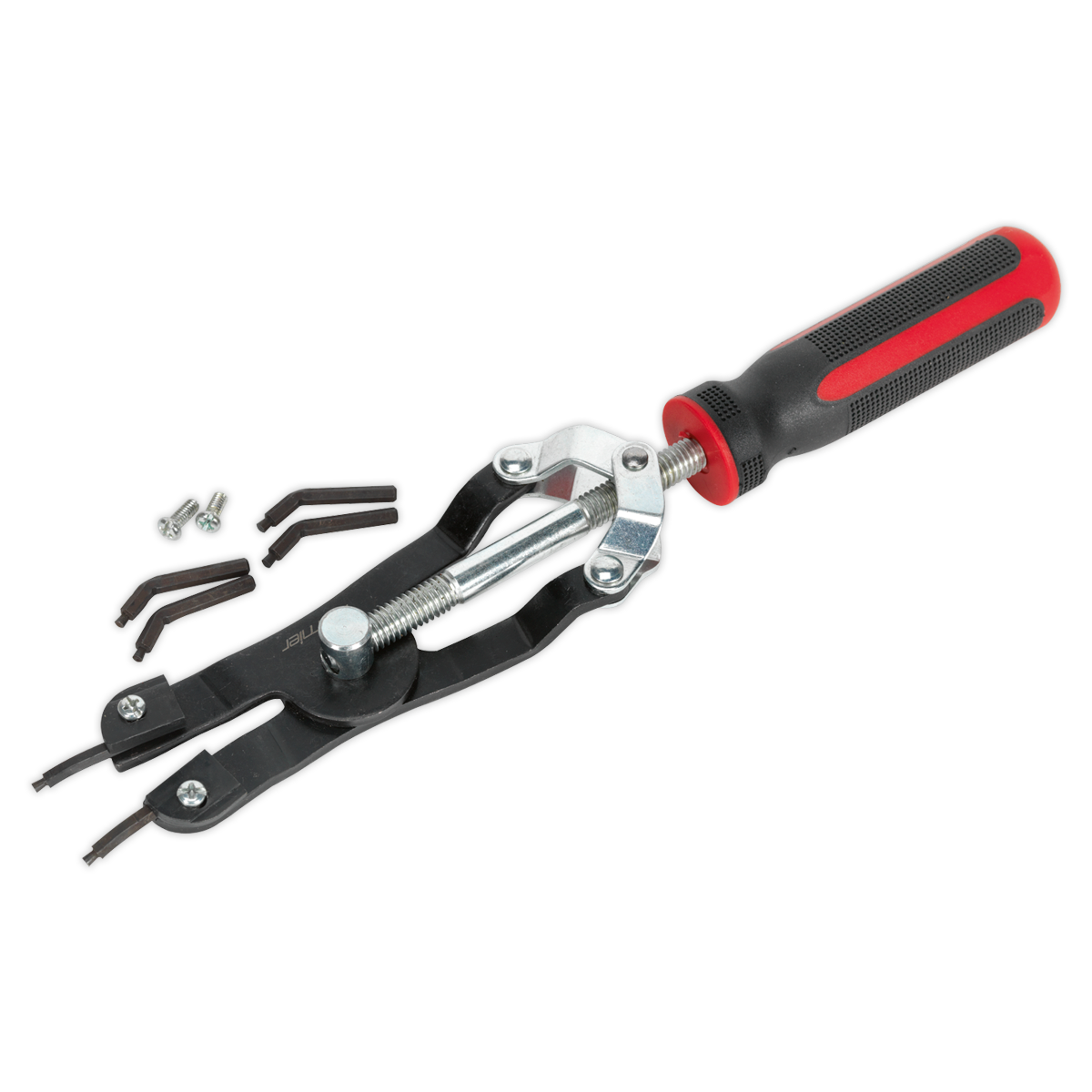 Introducing the Circlip Pliers Heavy-Duty Professional Internal/External - AK8450 by Sealey, a top-tier mechanical tool with a black handle featuring striking red accents. Crafted from durable Chrome Molybdenum steel, this versatile tool boasts interchangeable claw-like components and screws, making it an exceptional choice in Premier Hand Tools for a wide range of mechanical applications.